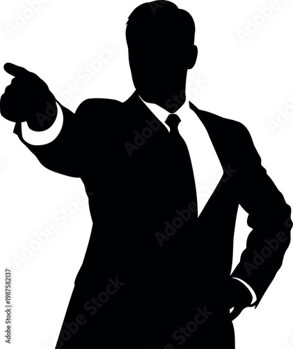 Silhouette of a man in a business suit pointing with his right hand