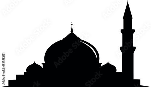 Black silhouette of a mosque with a dome and minaret