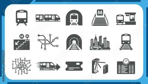 Photos Large Collection of Subway Icons Featuring Metro Train Tunnel, Railway Station E