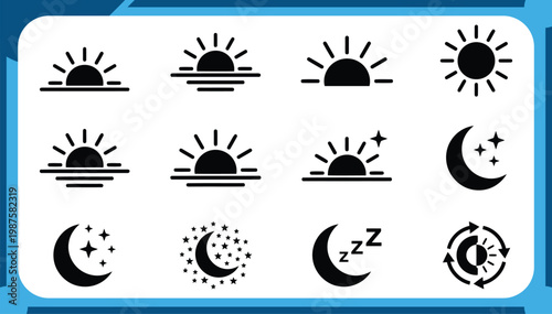 Large Collection of Day and Night Icons Featuring Sunrise Sunset, Crescent Moon with Stars, Morning Sun and Celestial Cycle Graphic Elements Vector Set
