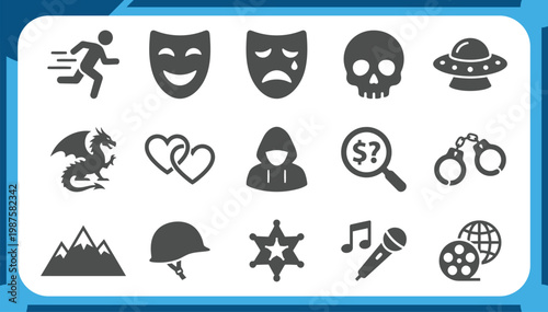 Large Collection of Movie Genre Icons Featuring Comedy Tragedy Mask, Fantasy Dragon, Sci-Fi UFO, Crime Handcuffs and Cinema Entertainment Graphic Elements Vector Set