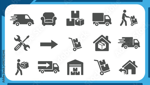 Large Collection of Home Moving Icons Featuring Delivery Truck, Packing Boxes, Furniture Transport, Relocation Service and Logistics Supply Chain Graphic Elements Vector Set