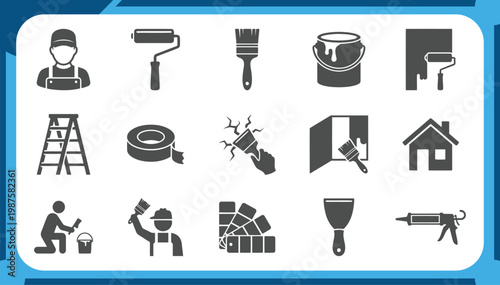 Large Collection of House Painting Icons Featuring Professional Painter, Paint Roller, Brush, Color Swatch, Home Renovation Tools and Wall Decoration Graphic Elements Vector Set