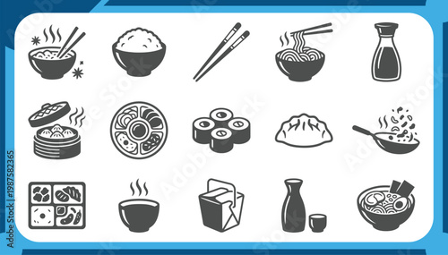 Large Collection of Asian Cuisine Icons Featuring Japanese Ramen Bowl, Sushi Roll, Dim Sum Steamer, Bento Box and Traditional Oriental Food Graphic Elements Vector Set