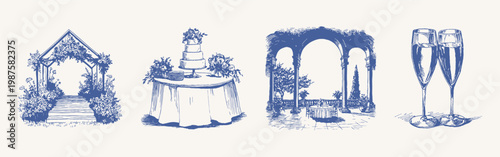 Garden wedding arch cake pavilion champagne glasses icons. Save the date. Detailed set of floral canopy, dessert table and terrace scene. Illustrations for invitations, menus, hand drawn pencil style.