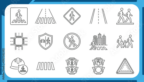 Large Collection of Traffic Icons Featuring Pedestrian Crossing, Zebra Lines, Traffic Signal, Road Safety Warning, Urban Infrastructure and Construction Safety Outline Graphic Elements Vector Set
