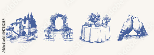 Romantic wedding venue elements villa arch table doves. Collection shows ceremony arches, banquet tables, rings and birds. Illustrations for invitations, hand drawn pencil style. Save the date.