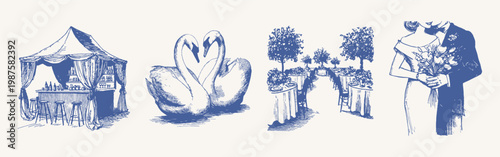 Cocktail bar swans banquet couple romantic wedding set. Includes drinks station, birds, reception tables and embracing pair. Save the date. Illustrations for decor, hand drawn sketch style.
