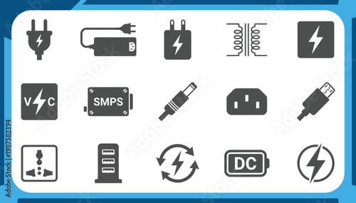 Large Collection of Power Supply Icons Featuring Electric Plug, AC DC Adapter, SMPS Unit, USB Charger, Transformer and Electronic Hardware Components Graphic Elements Vector Set