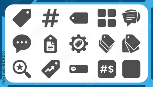 Large Collection of Social Media Icons Featuring Hashtag Symbol, Price Tag Labels, Discount Offers, Chat Bubbles and Digital Content Categorization Graphic Elements Vector Set
