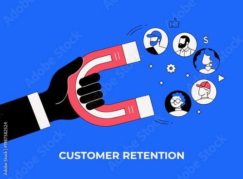 Customer retention vector hand holding magnet attracting customer icons
