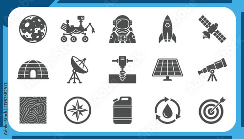 Large Collection of Space Icons Featuring Moon Exploration, Lunar Rover, Astronaut Suit, Rocket Launch, Satellite and Galaxy Colony Graphic Elements Vector Set