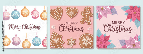 Three square christmas greeting cards featuring hanging baubles gingerbread cookies and pink poinsettia flowers with merry christmas calligraphy text in a soft pastel color palette