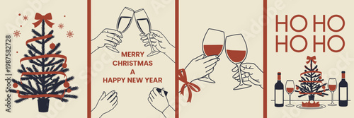Set of four christmas greeting card panels featuring line of decorated pine trees wine glasses clinking for a toast and the festive text merry christmas a happy new year and ho