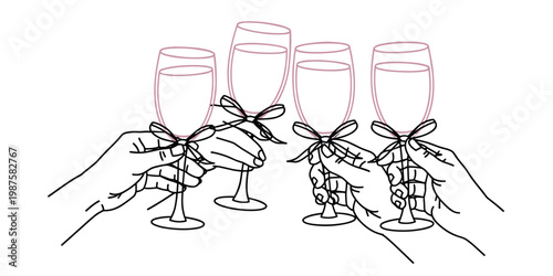 Four hands holding champagne flutes decorated with small bows in a celebratory toast gesture rendered in a minimalist black and pink line style on a plain white background