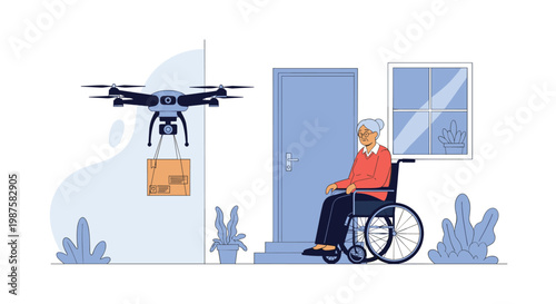 Modern delivery drone lowering a cardboard package to an elderly woman sitting in a wheelchair outside her home entrance.