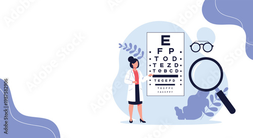 Female eye doctor in a white coat pointing at a letter chart for an ophthalmology checkup with glasses and a magnifier nearby.