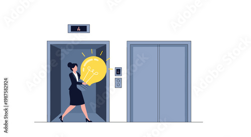 Businesswoman carrying a large glowing yellow lightbulb while stepping into an open elevator to bring new ideas to the office.