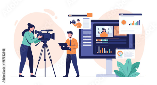 Professional film production team using a large camera and computer screens to record and edit high-quality video content.