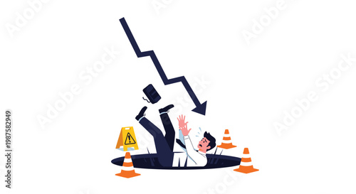 Terrified businessman falling into a deep dark hole in the ground as a sharp black arrow points downward to indicate failure.