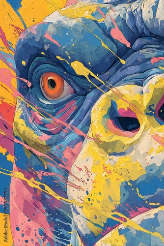 Vibrant artistic portrait of a gorilla, showcasing intense emotion with expressive eyes and colorful paint splashes. 