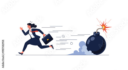 Panicked businesswoman carrying a briefcase and sprinting away from a large black bomb with a lit sparking fuse.