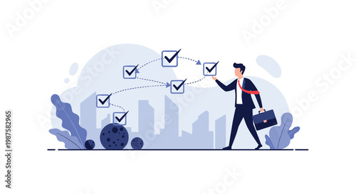 Businessman in a suit walking along a path defined by multiple blue floating checklist boxes with checkmarks in a city.