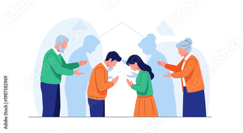 Family members bowing to each other in a gesture of respect.