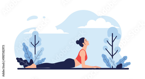 Peaceful woman practicing a cobra yoga pose on a mat in a serene park setting with trees and a cloudy blue sky background.