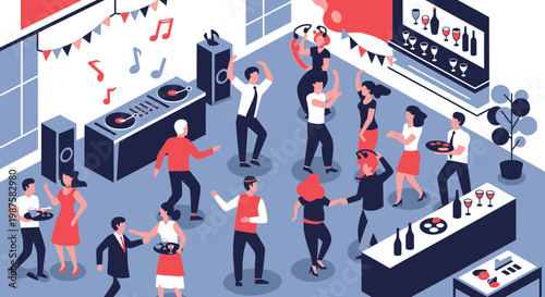 People dancing at a party with music and drinks.