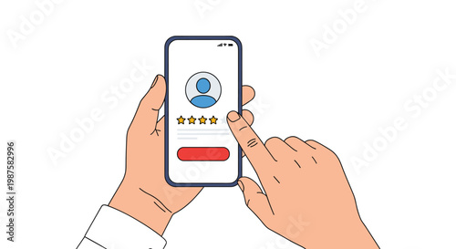 User hands holding a smartphone and using a finger to select a four-star feedback rating on a mobile application profile.