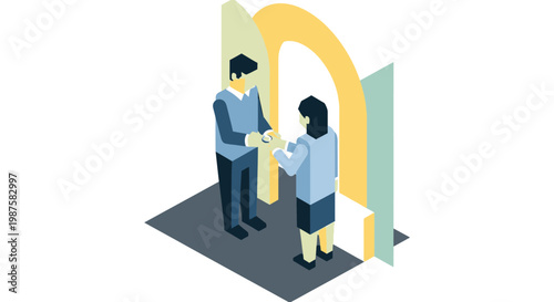 Two people shake hands through an abstract archway.