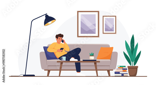 Man sits on a gray sofa in a cozy apartment talking on his mobile phone with books and plants around him in a relaxed atmosphere.