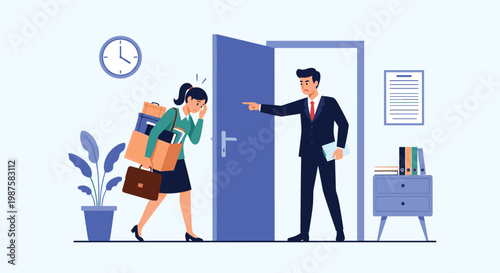 Distressed woman carries her belongings in boxes while an angry boss points towards the exit door during a corporate dismissal scenario.