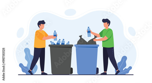 Two environmentally conscious men sort plastic bottles and trash into separate recycling bins to promote sustainability and green living.