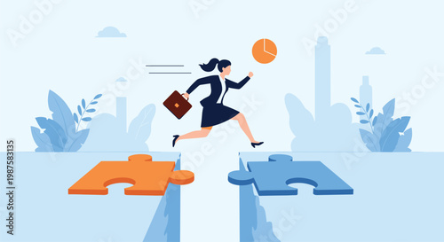 Ambitious businesswoman leaps across a dangerous chasm between two puzzle pieces illustrating problem solving and overcoming obstacles.