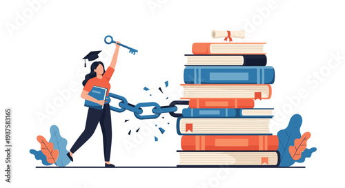 Graduate woman in a cap and gown uses a key to break a heavy metal chain connected to a stack of books symbolizing freedom through education.