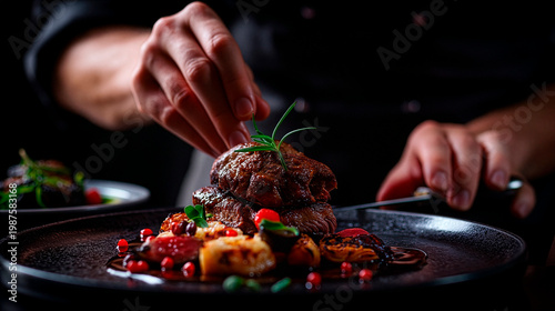 Dark luxury food scene of a chef plating a gourmet dish, hands in frame, with dramatic lighting and black background, capturing a cinematic high-end restaurant atmosphere.