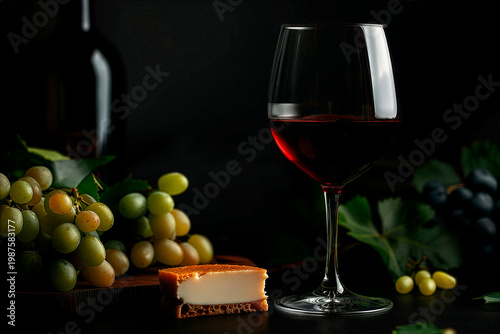 Dark still life of a red wine glass with gourmet pairing on a black table, low-key lighting and deep shadows creating an elegant cinematic atmosphere in ultra-realistic detail.