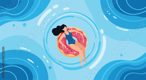 Woman in a blue swimsuit relaxes while floating on a pink donut-shaped inner tube in clear blue water during a summer vacation trip.