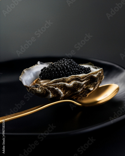 Dark luxury still life of caviar and oysters on a black plate with a gold spoon, moody lighting and deep shadows, captured in ultra-realistic premium food photography.