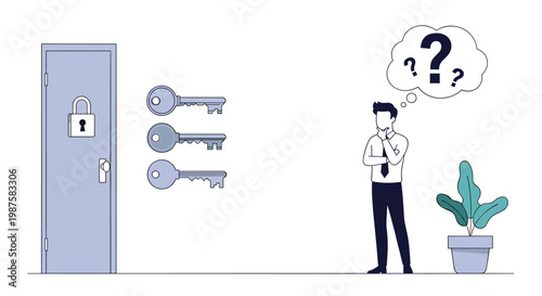 Confused man stands in a hallway looking at three different keys while trying to decide which one unlocks a large white door with a lock.