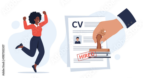 Successful job applicant jumps with joy next to a curriculum vitae document that has been stamped with the word hired in red ink.