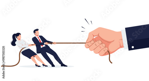 Professional man and woman engage in a tug-of-war battle against a giant corporate hand representing the struggle for employee rights.