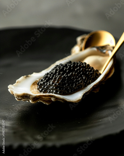 Dark luxury still life of caviar and oysters on a black plate with a gold spoon, moody lighting and deep shadows, captured in ultra-realistic premium food photography.
