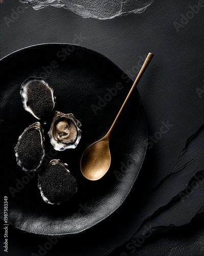 Dark luxury still life of caviar and oysters on a black plate with a gold spoon, moody lighting and deep shadows, captured in ultra-realistic premium food photography.