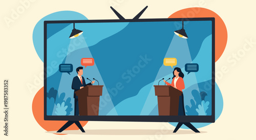 Television screen displays a live public debate between two political candidates standing at podiums with speech bubbles in a studio.