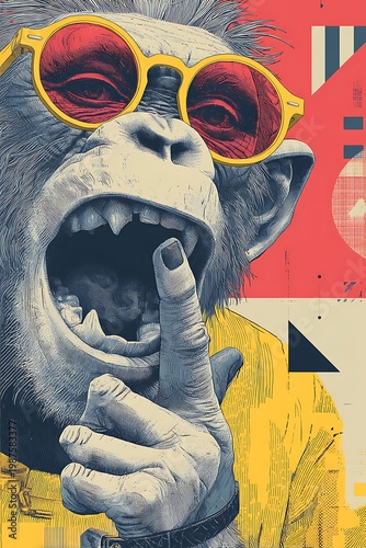 Monkey wearing sunglasses with finger to its lips. This image captures a moment of playful silence, with the monkey's expressive face and vibrant colors drawing attention. 