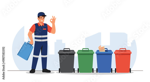 Smiling sanitation worker in uniform giving okay sign next to colorful waste sorting bins for urban recycling programs.