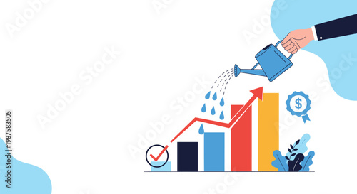 Hand holding a blue watering can to nurture a growing bar chart with a success arrow and financial dollar icon.